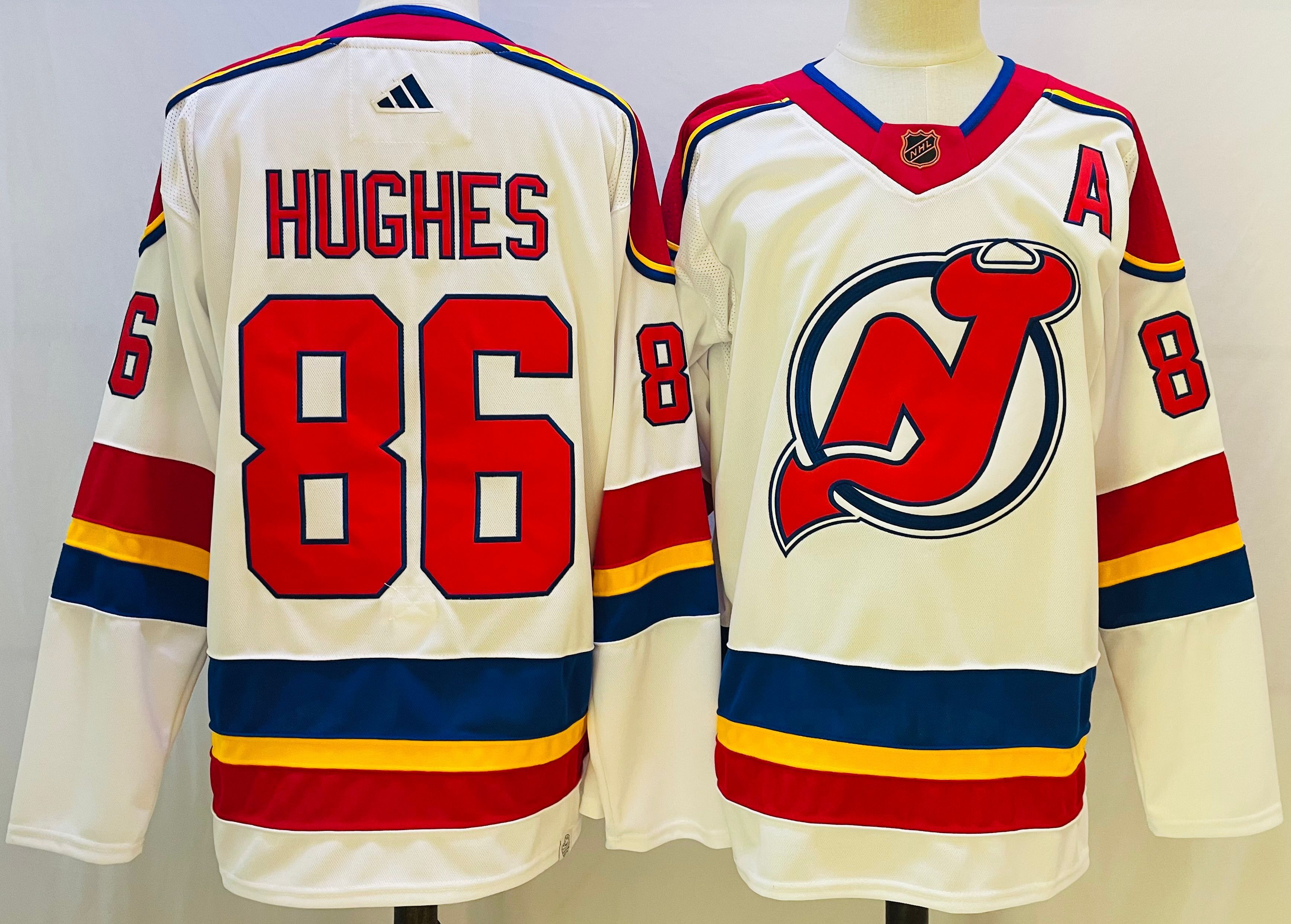 Men New Jersey Devils 86 Hughes White Throwback 2022 Adidas NHL Jersey